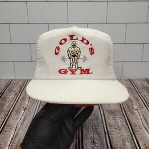 Vintage Gold's Gym White Corduroy Adjustable Snapback Hat Made In USA 90's
